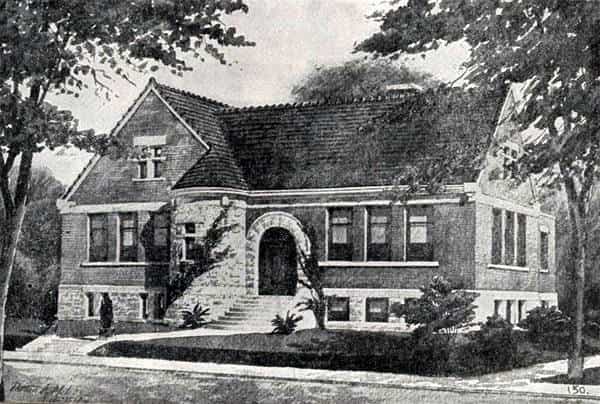 Black and white image depicting the front exterior of the Mount Pleasant Public Library. 