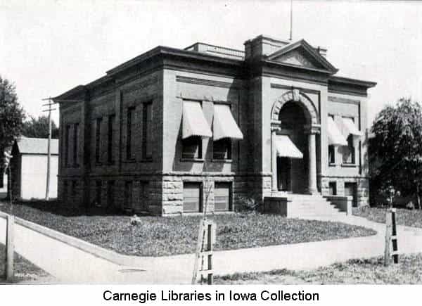 Black and white image depicting the front exterior of the LeMars Public Library. 