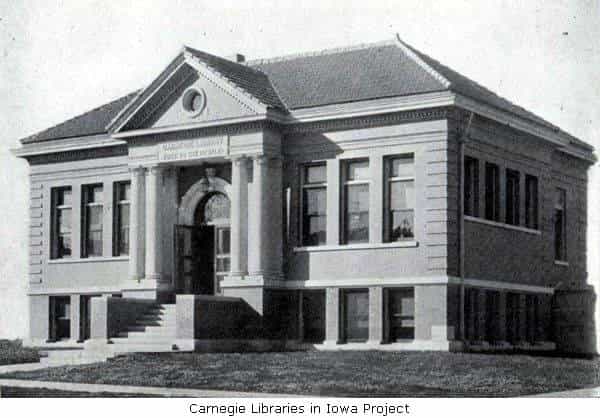 Black and white image depicting the front exterior of the Marion Public Library. 