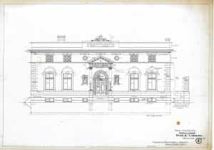 Original blueprint of the Oskaloosa Public Library. showing the front exterior.