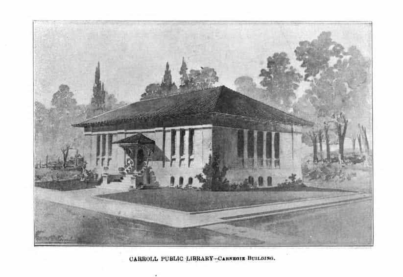 Black and white image showing the exterior of the Carroll Public Library. 