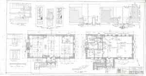 Original black and white blueprint of Alden Public Library, depicting the interior design of the 1st and 2nd floors.