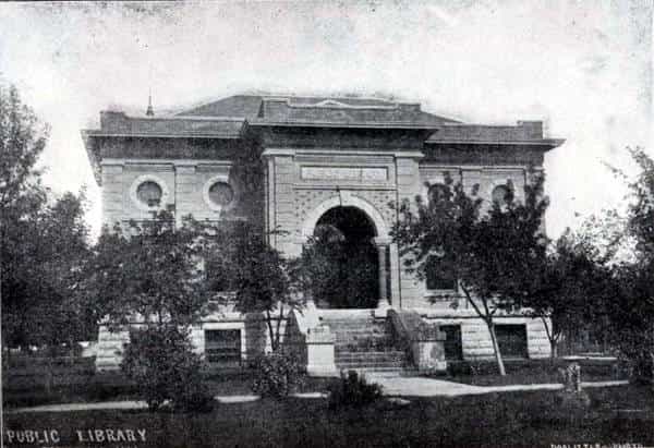 Black and white image depicting the front exterior of the Estherville Public Library. Partial text at bottom of image reads "Public Library." Taken from the 1st Report of the Iowa Library Commission, coverage 1900-1903. (Published in 1904), opposite page 88.
