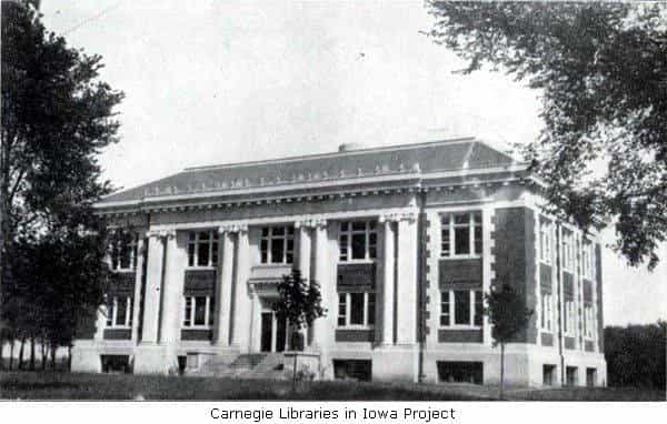 Black and white image depicting the front exterior of the Iowa College Library, located in Grinnell, Iowa. 