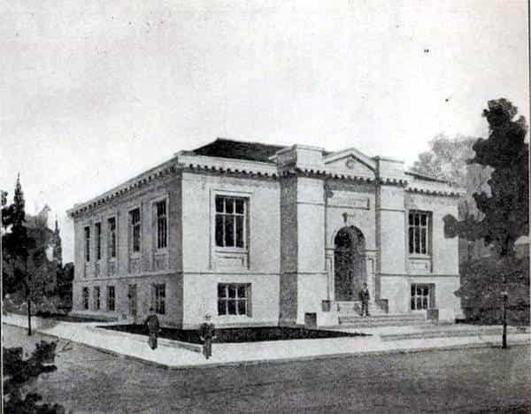 Black and white image showing the exterior of the Hampton Public Library. 
