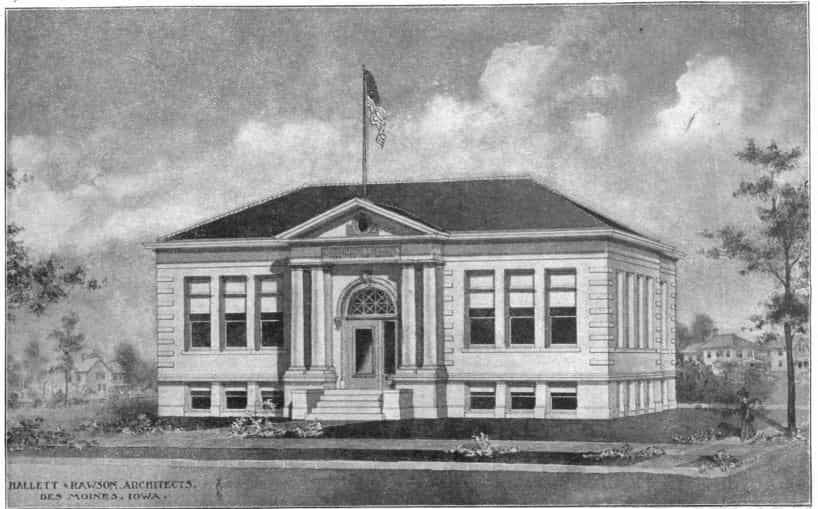 Black and white image showing the front exterior of the Jefferson Public Library. 