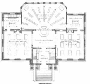 Blueprint showing the main floor of the Mason City Public Library. Taken from the 1st Report of the Iowa Library Commission, coverage 1900-1903. (Published in 1904), page 144 (unnumbered).