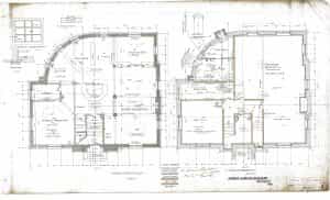 Original Blueprint of the Winterset Public Library, showing basement and first floor plans.
