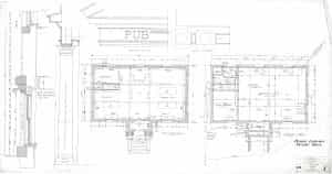 Original Blueprint of the Stuart Public Library, showing the basement and main floor plans as well as exterior column details.