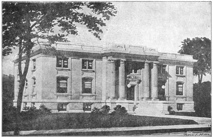 Black and white image showing the exterior of the Mason City Public Library. 