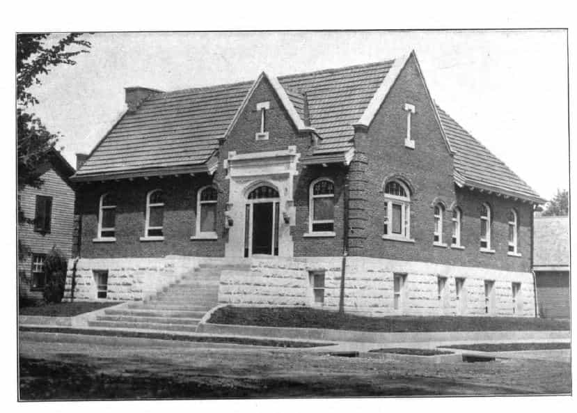 Black and white image depicting the exterior of the Marengo Public Library. 