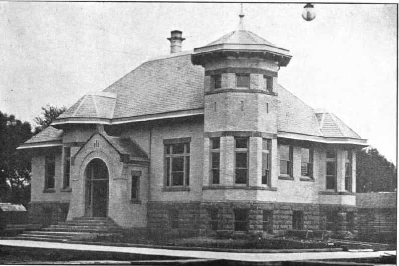 Black and white image depicting the exterior of the Storm Lake Public Library. 