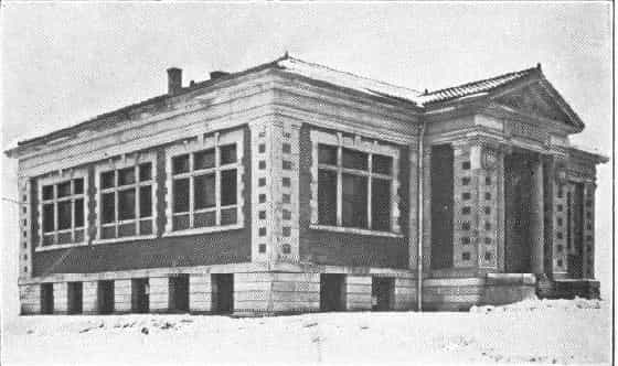Black and white image showing the exterior of the West Waterloo Public Library. 