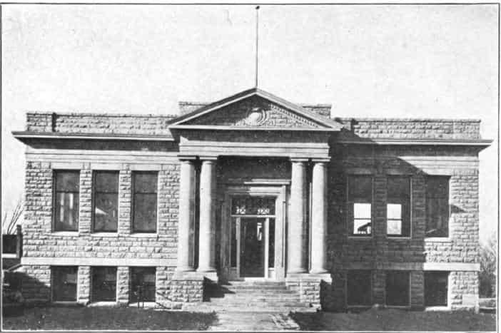 Black and white image showing the front exterior of the Humboldt Public Library. 