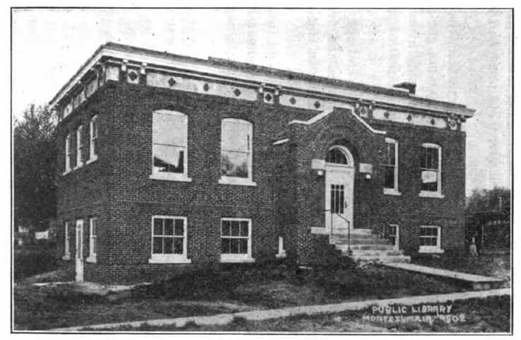 Black and white image showing the exterior of the Montezuma Public Library. Text reads "Public Library Montezuma, IA 9502" Taken from the 10th Report of the Iowa Library Commission, coverage 1918-1920. (Published in 1920), page 13.