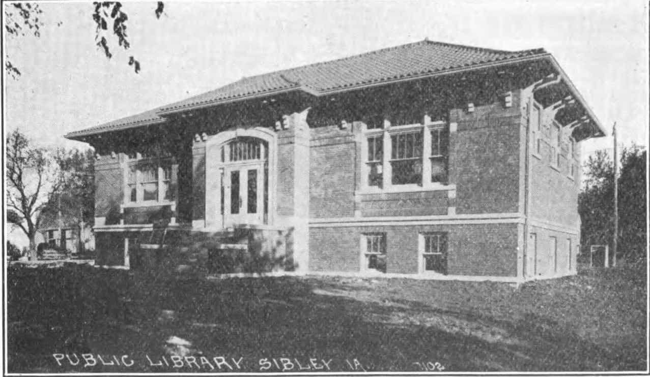 Black and white image depicting the front exterior of the Sibley Public Library. Taken from the 9th Report of the Iowa Library Commission, coverage 1916-1918. (Published in 1918), page 8.