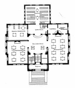Partial image showing the accepted architectural design for the Ottumwa Public Library. The winning design was by Smith & Gutterson Architects from Des Moines, Iowa. This image shows the main floor plan of the Ottumwa Public Library. Taken from The Architectural Review, Volume 4. (Published in 1902), page 30.