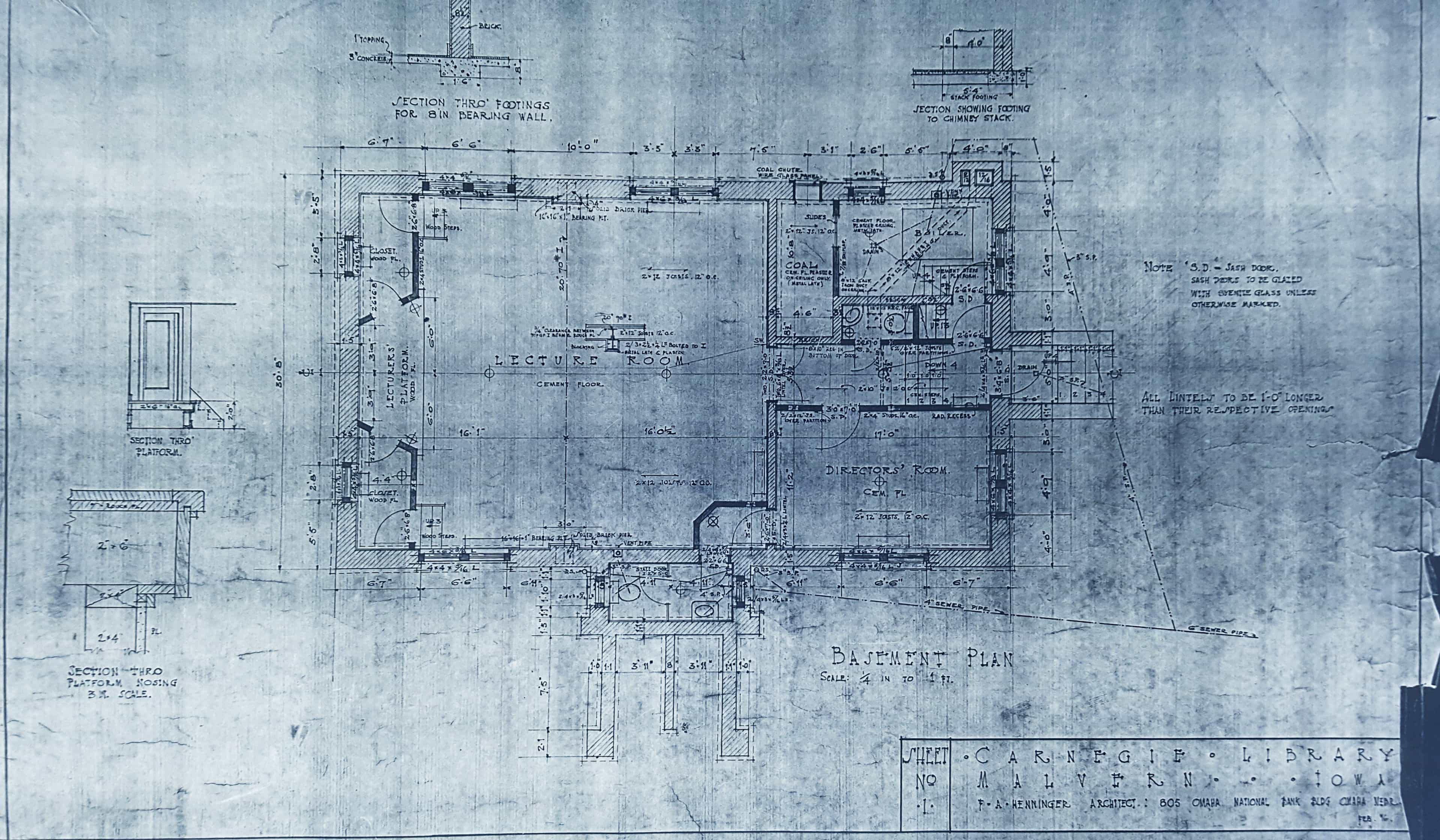 This 1916 blueprint was drafted by architect F.A. Henninger of Omaha, Nebraska. It depicts the plan for the basement of the Malvern Public Library.