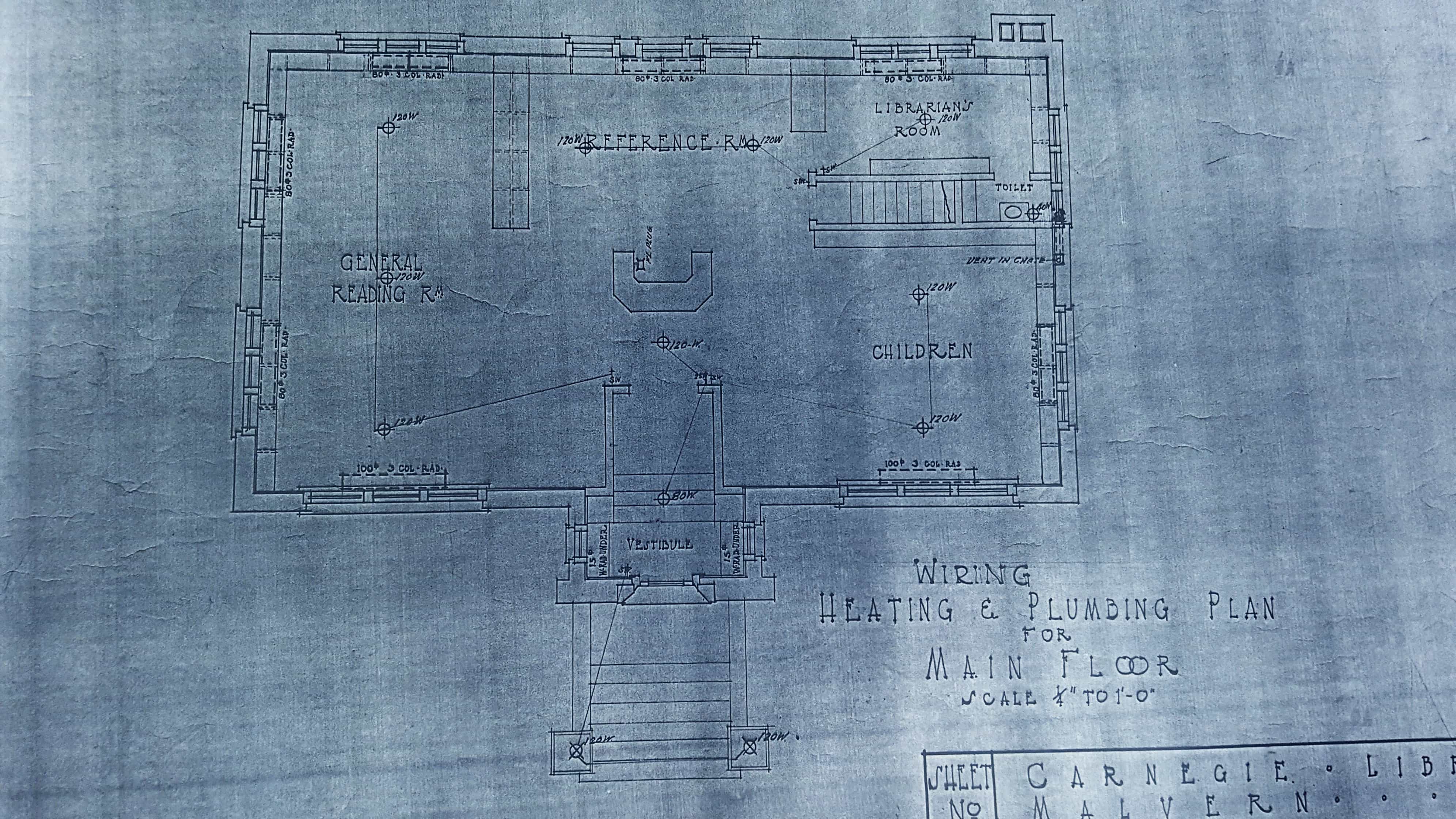This 1916 blueprint was drafted by architect F.A. Henninger of Omaha, Nebraska. It depicts the plan for the main floor of the Malvern Public Library.