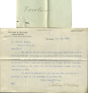 A letter to John Legel from Patton and Miller offering their services as architects for the public library when the city is ready to begin the project. They list the libraries in Mason City, IA and Hanover, IN as examples of their work.