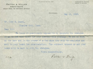 A letter to Mr. John Legel from Patton and Miller saying that the sketches of the library will not be completed in time for a meeting and will take an extra few days to complete.