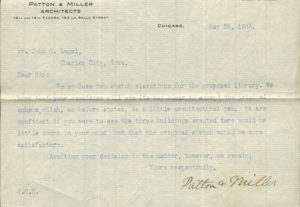 A letter to Mr. John Legel from Patton and Miller stating that two sketches for the library are enclosed. They are confident that the sketches will prove satisfactory.