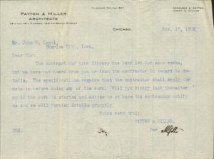 A letter to Mr. John Legel from Patton and Miller asking about the building contractor. They ask that the building contractor contacts them before beginning any work on the library.