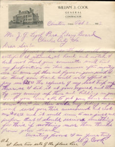A letter to Mr. John Legel from W.J. Cook asking for a reimbursement of twenty five dollars for his trip to Charles City, which cost him forty dollars. He believes the library board can afford this because his bid to build the library saved them four hundred dollars.