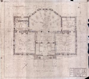 Main floor plan is on this original blueprint by Patton and Miller, Chicago, IL,, for the Charles City Public Library. Source: Charles City