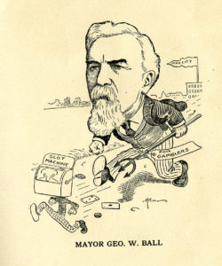 A black and white political cartoon of Geo W Ball where he is depicted as chasing slot machines out of Iowa City with a pitchfork in his hand with the label 'For Gamblers'.
