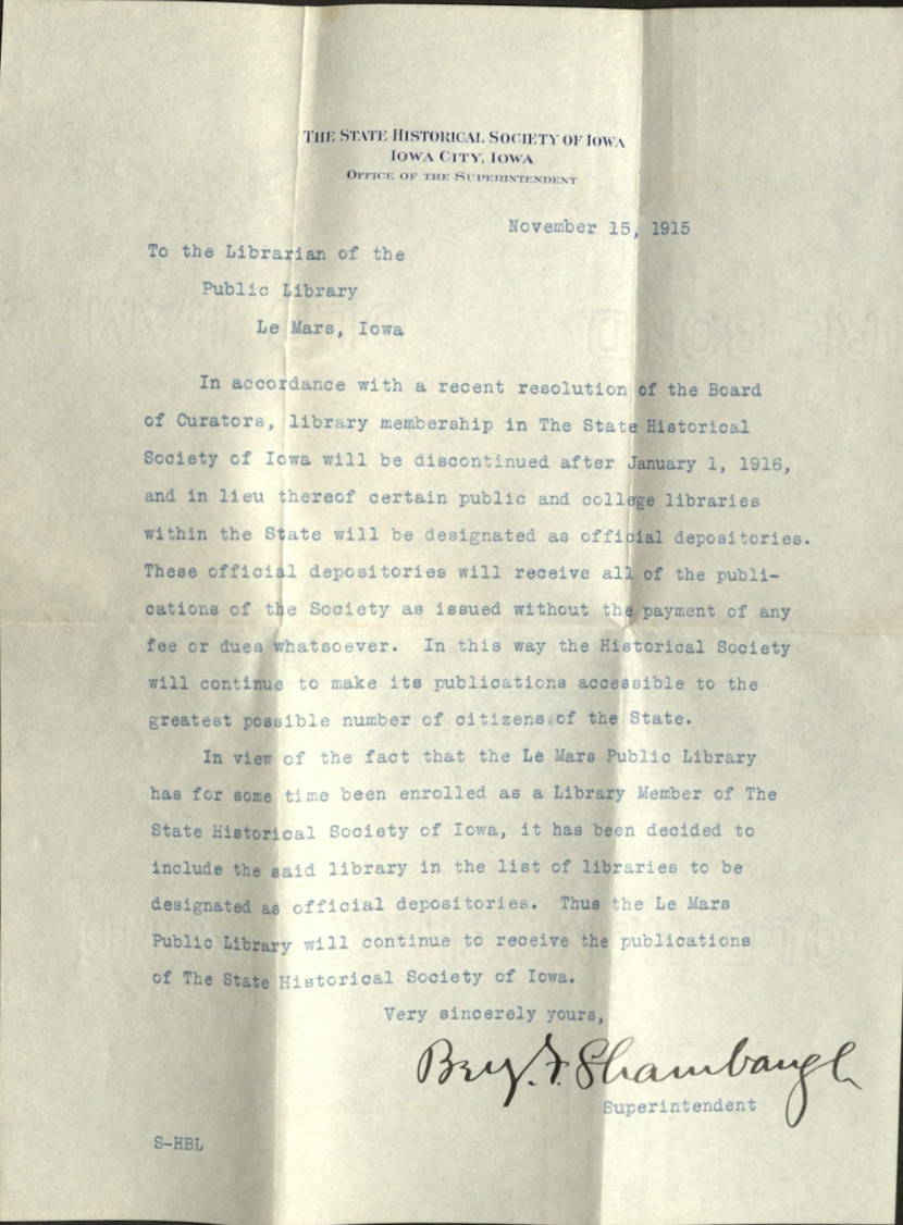1915, Nov. 15, State Historical Society of Iowa Letter Carnegie