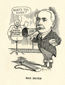 A cartoon depicting Max Mayer holding a football and an Iowa bullhorn with a Good Clothes Store mannequin in the background asking him what the score is. There is a set of golf clubs on the floor.